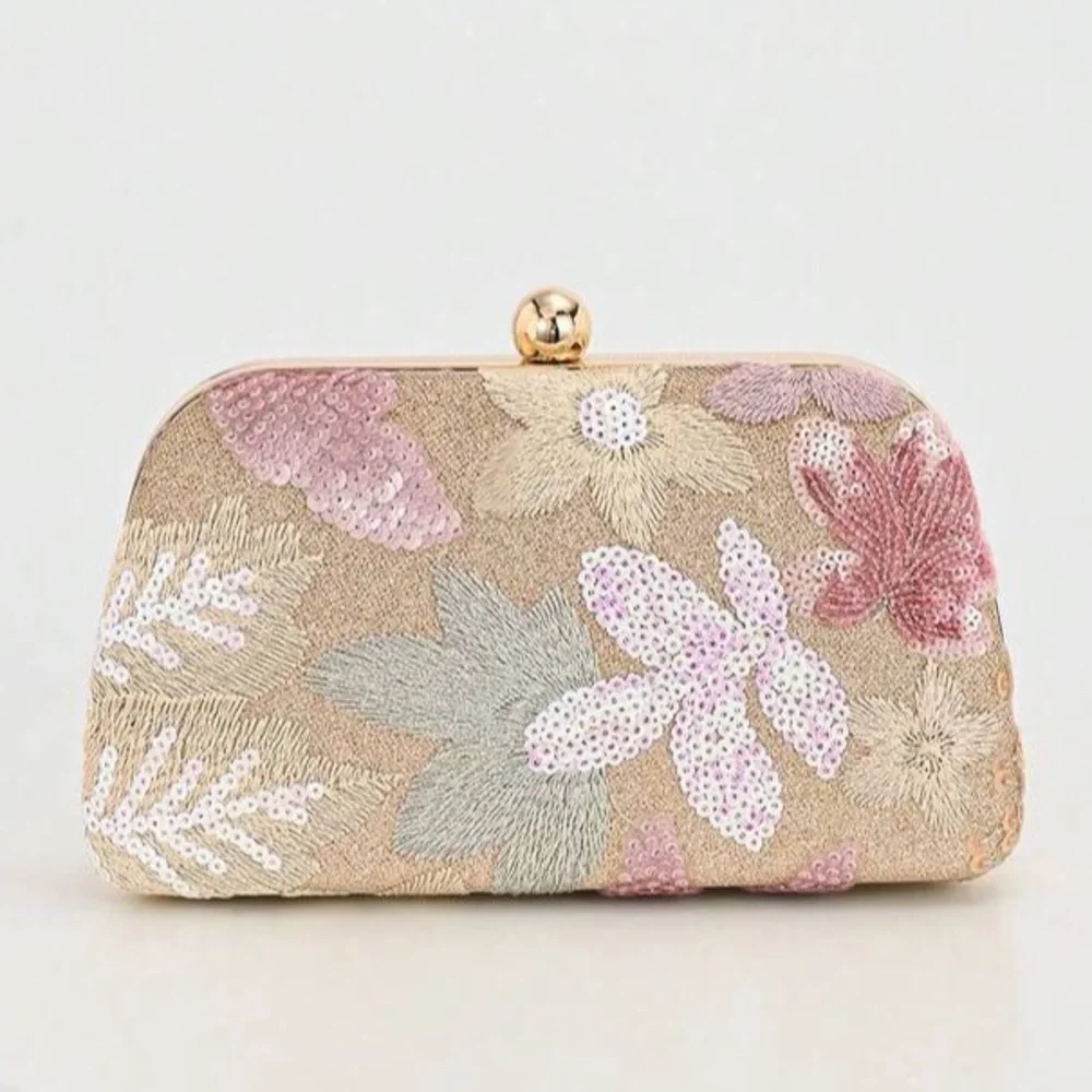 Embroidered Floral Sequin Clutch - Pink & Gold